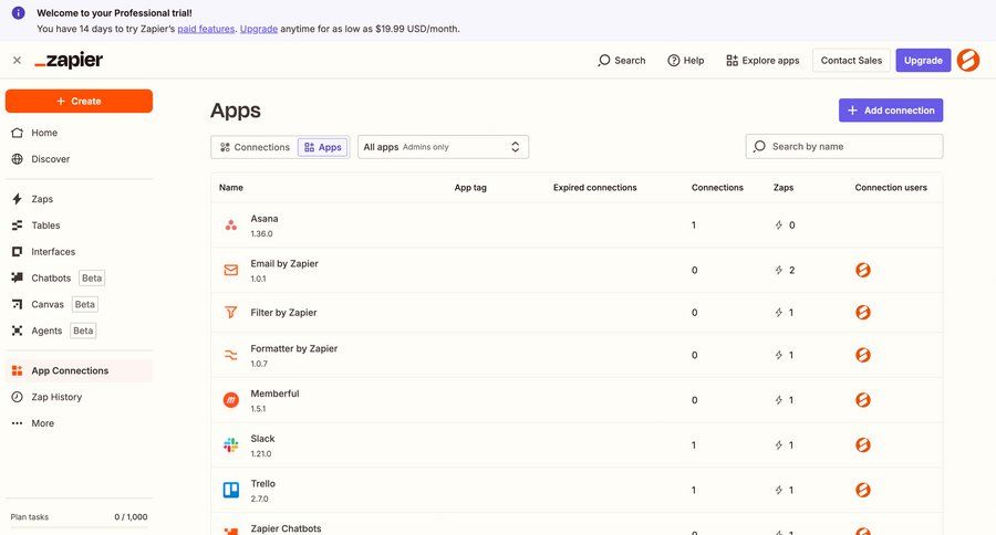 Zapier
			 search bar automation workflow automation table data display integration management trial banner api integrations ui page example
