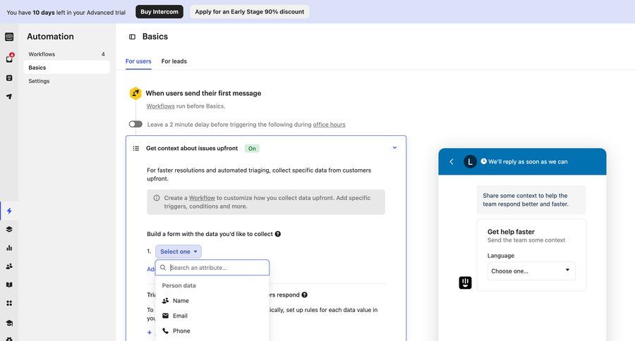 Intercom
			 configuration settings sidebar navigation form automation workflow automation workflow creation workflow configuration automation setup form building sidebar setup contextual help ui page example