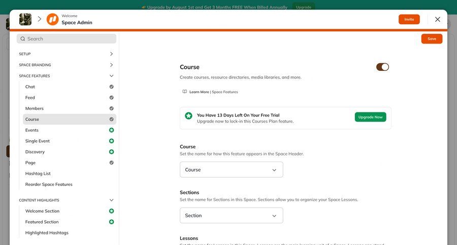 Mighty
			 configuration settings sidebar navigation form course creation free trial alert setup configuration screen ui page example