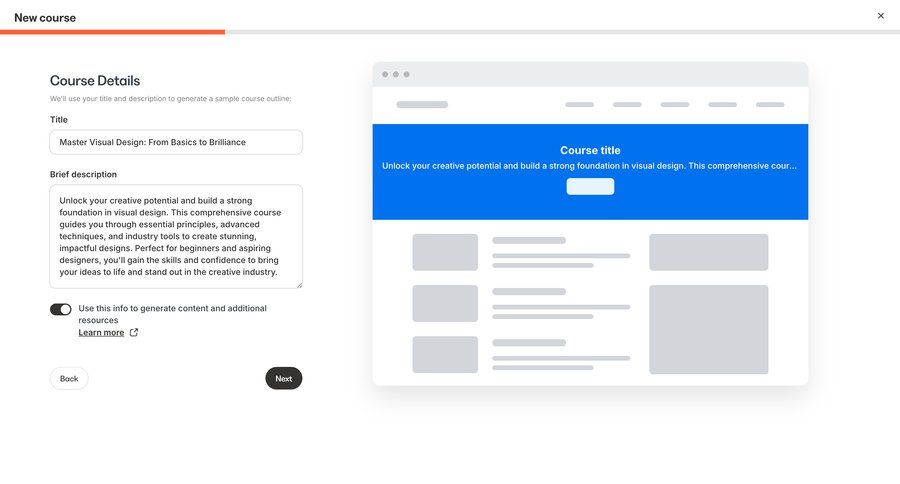 Kajabi
			 form course creation new create generate navigation buttons ui page example