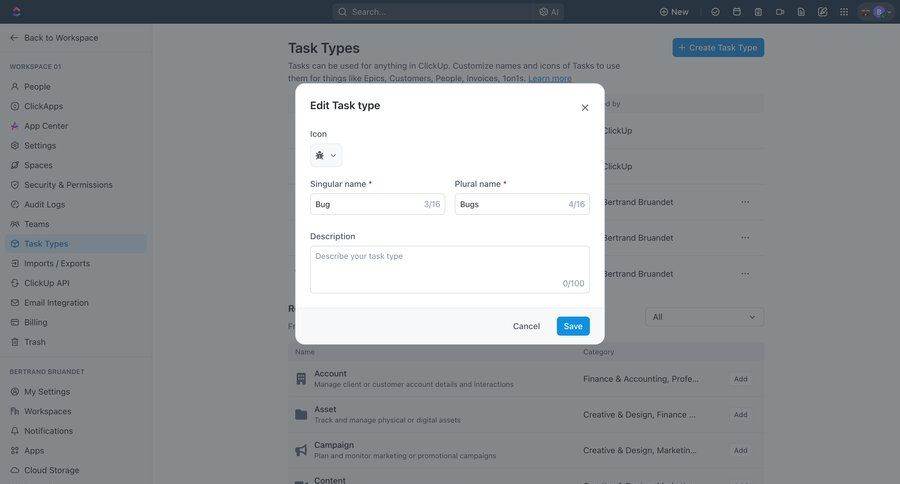 ClickUp
			 task management modal screen configuration settings sidebar navigation project management form workflow management save changes audit log campaign creation cancel changes ui page example