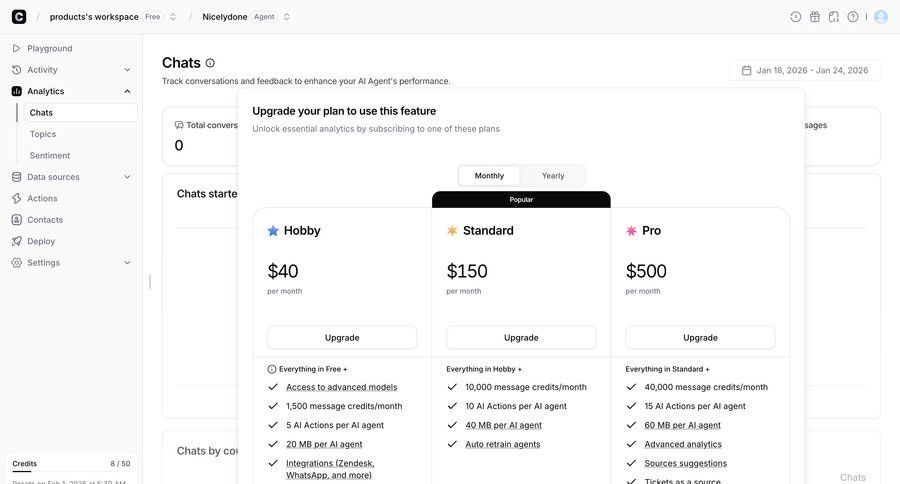 Chatbase
			 plan comparison saas pricing upgrade modal ui page example