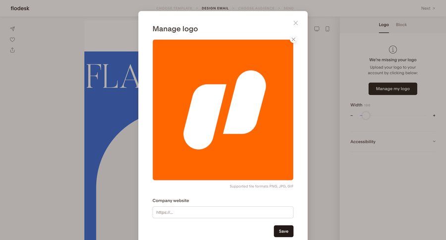 Flodesk
			 settings onboarding form full-screen layout upload image file upload modal file uploader upload file upload media upload documents image gallery announcement marketing website design file picker ui page example