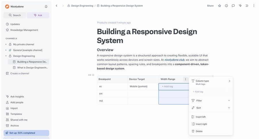 Slite
			 tagging menu article documentation table ui page example