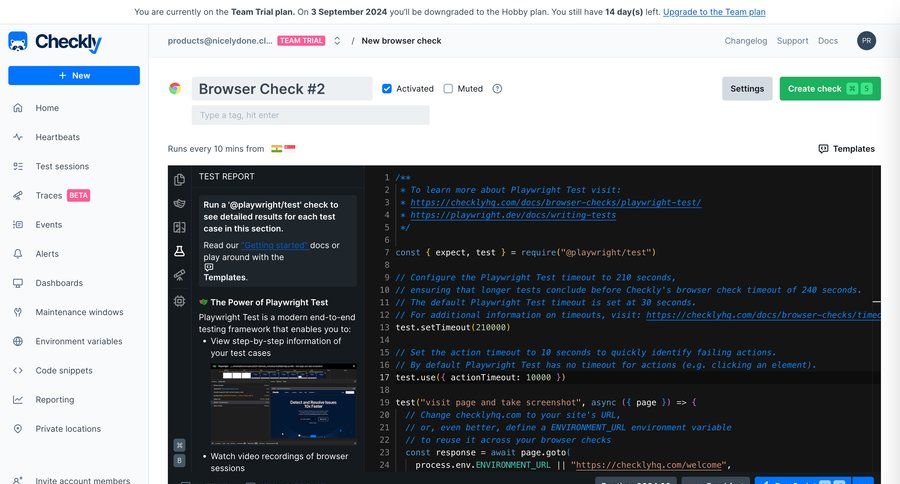 Checkly
			 configuration settings sidebar navigation tagging code editing sidebar new monitoring modern code snippet ui page example