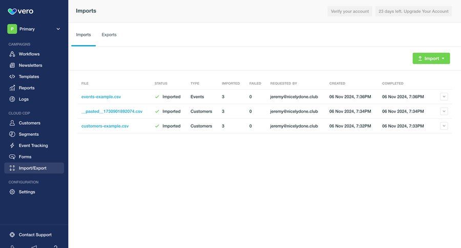 Vero
			 data management sidebar navigation import data file management wizard sidebar data import import file import tool import wizard table file picker data integration ui page example