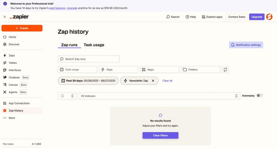 Zapier
			 task management dashboard workflow automation dropdown filters sidebar table search bar ui page example