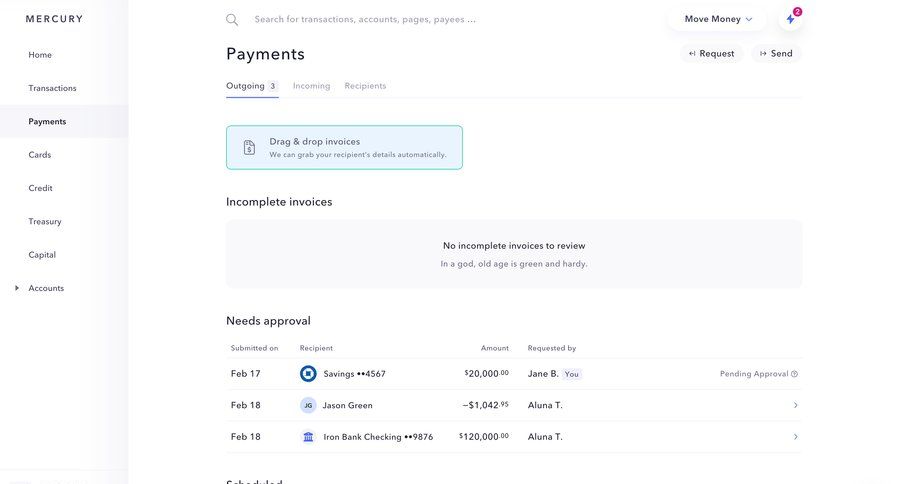 Mercury
			 dashboard sidebar navigation finance drag and drop drag & drop sidebar modern review payment processing approval workflow ui page example