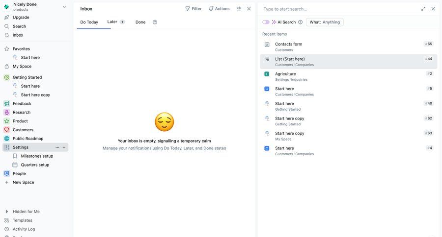 Fibery
			 task management sidebar navigation project management inbox management inbox dropdown filters sidebar alert system notification push notification notification center communication ui page example