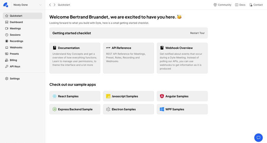 Dyte
			 modern sidebar onboarding menu documentation sidebar navigation user permissions account setup getting started guided tour developer portal content blocks sdk integration check out ui page example