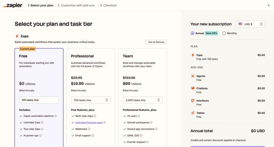 Zapier
			checkout form plans & pricing (in app) plans & pricing account management automation subscription management plan comparison ui page example