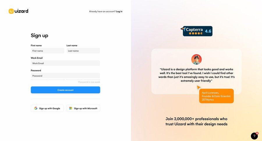 Uizard
				signup page example