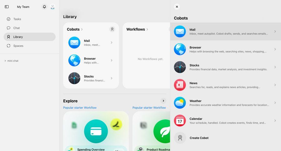 Cobot
			 sidebar navigation automation workflow creation create menu ui page example