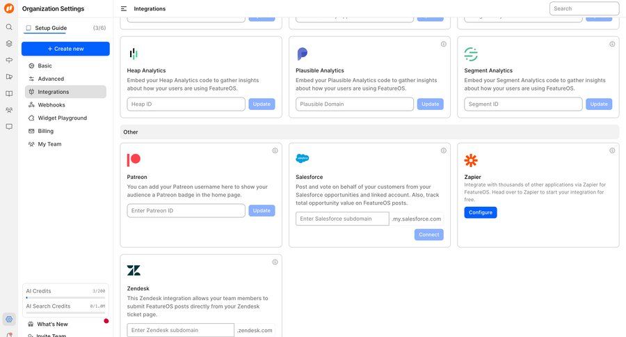 FeatureOS
			 configuration settings grid sidebar integration update organization settings card layout crm integration ui page example