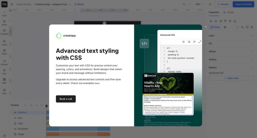Creatopy
			 modal screen design full screen modal preview panel code editing typography call to action ui page example