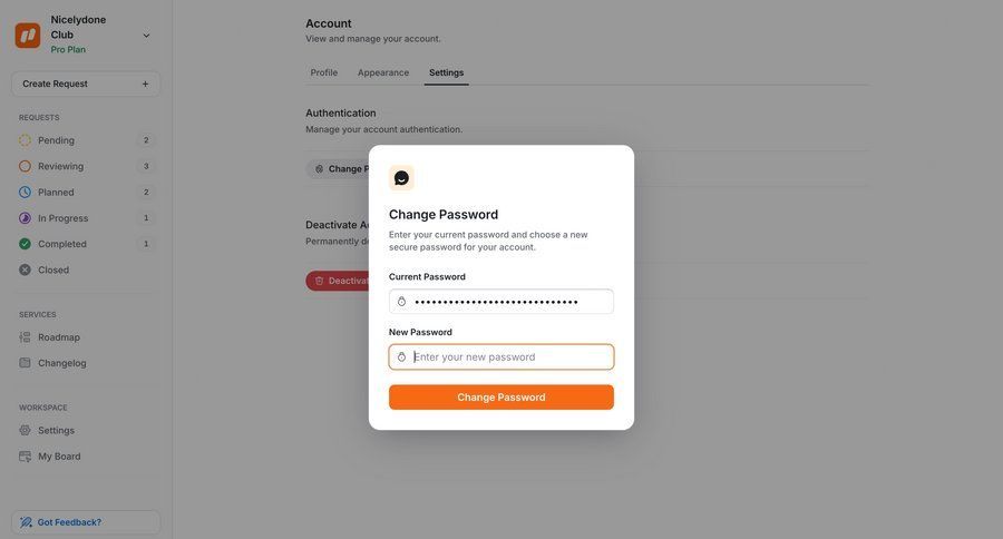 UserJot
			 settings form sidebar navigation account management account settings change password password update ui page example
