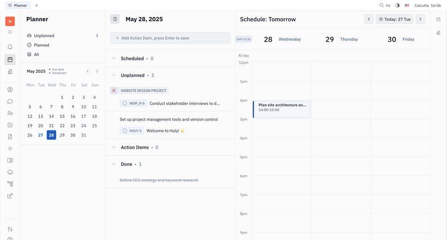 Huly
			 task management dashboard sidebar navigation project management grid schedule calendar events hierarchical navigation menu time management ui page example