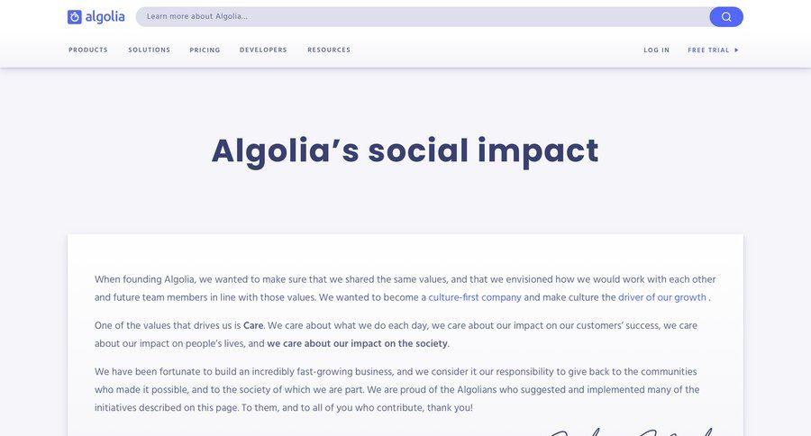 Algolia
				about & company mission ui page example