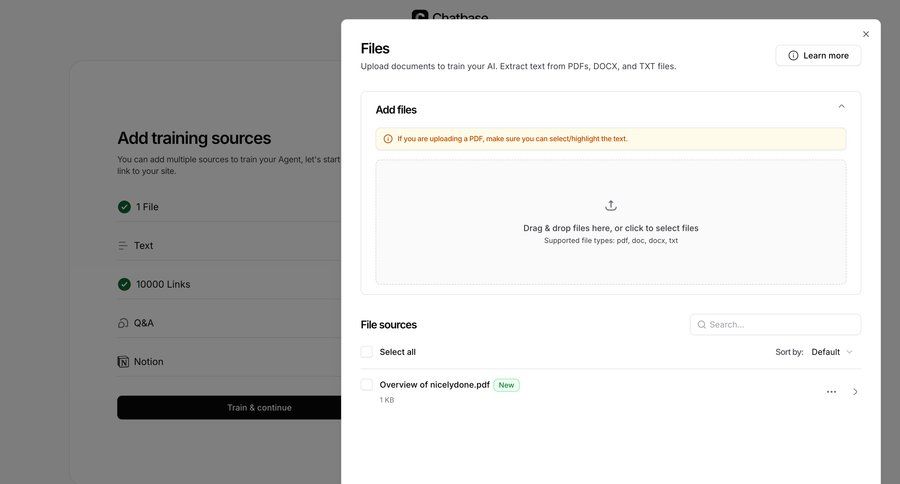 Chatbase
			 onboarding modal upload documents ui page example