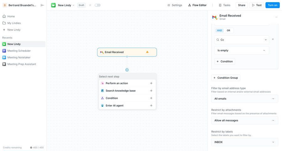 Lindy
			 configuration sidebar navigation grid workflow editor conditional logic workflow automation drag and drop workflow configuration sidebar configuration screen ui page example