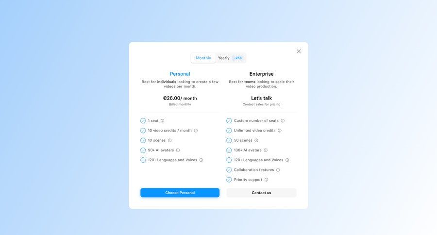 Synthesia
				plans & pricing (in app) page example