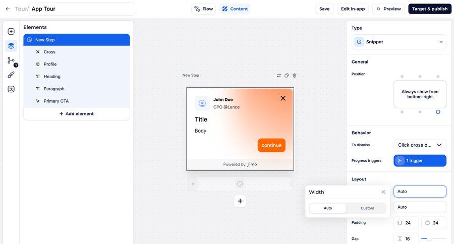 Jimo
			 configuration sidebar navigation editor modal interaction drag and drop tutorial guide sidebar guided tour modern controls ui page example