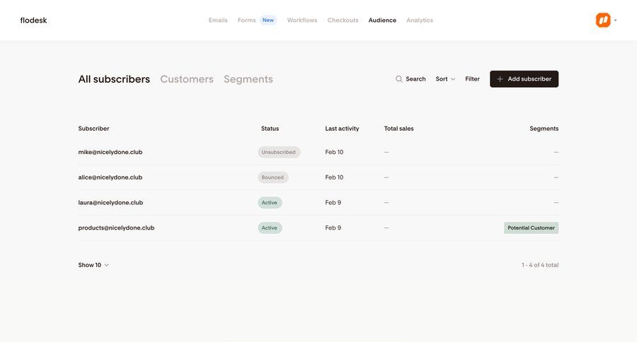 Flodesk
			 data management e-commerce grid filter controls data display lists filter options table crm dashboard search bar controls email marketing ui page example