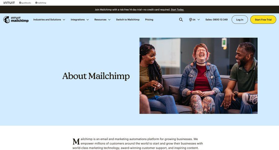 Mailchimp
			news about & company mission feature email marketing ui page example