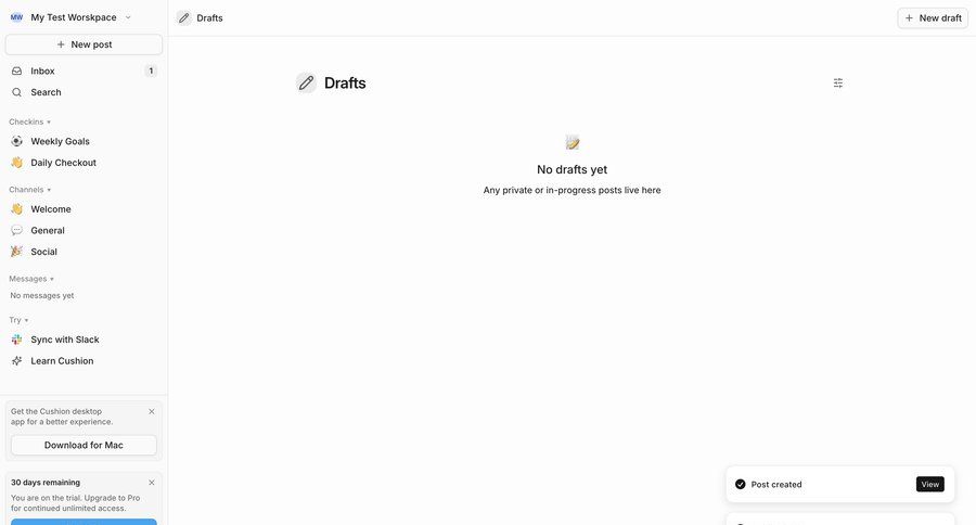 Cushion
			 content management team collaboration dashboard sidebar navigation project management workspace management trial banner call to action sidebar integration progress bar modern toast notification ui page example