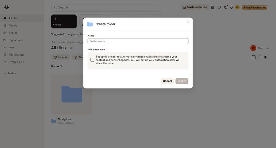 Dropbox
			 modal screen content management sidebar navigation form automation file management file organization automation setup ui page example