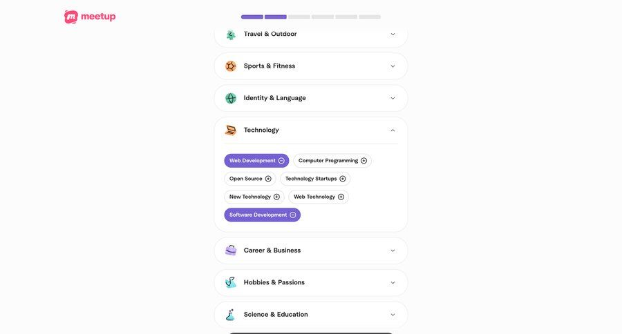 Meetup
			 onboarding hierarchical content progress indicator setup career progress bar modern ui page example