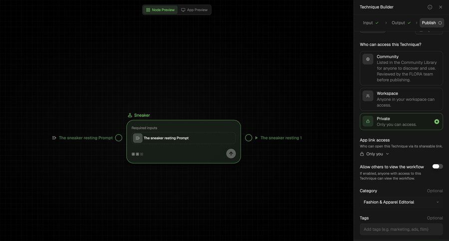 Flora
			 artificial intelligence workflow management workflow builder access control workflow automation tagging dark theme minimalist design sharing node based editor ui page example