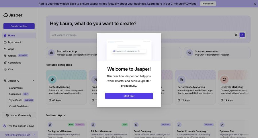 Jasper
			 artificial intelligence onboarding sidebar homepage card layout ui page example