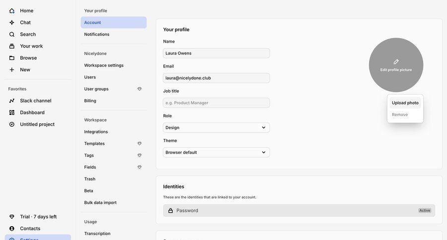 Dovetail
			 user profile preferences account settings trial banner avatar upload ui page example