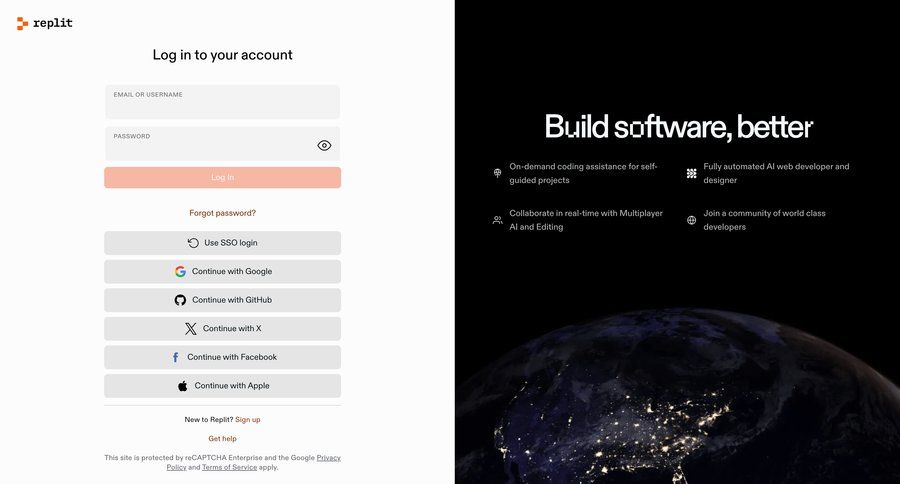 Replit
			 account management form user authentication split screen authentication call intelligence login connection auth signin sign in log in login page real-time editing ui page example