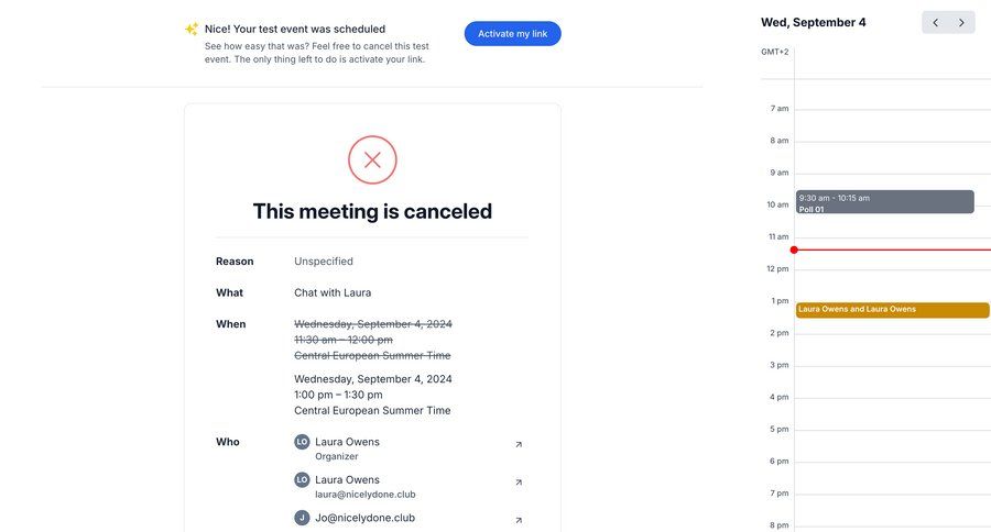 SavvyCal
			 modal screen timeline view calendar management sidebar detail view meeting confirmation message time management event management ui page example