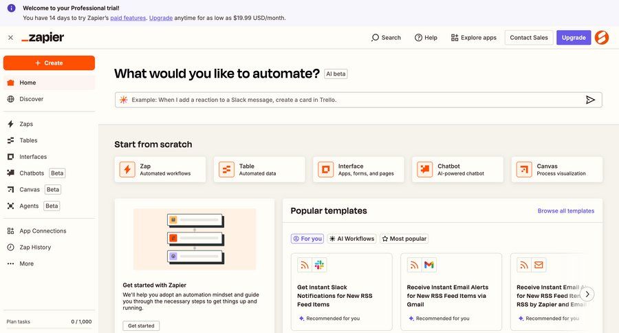 Zapier
			create home onboarding sidebar navigation workflow onboarding automation templates workflow creation full-screen layout automation setup template selection sidebar homepage menu integration ui page example