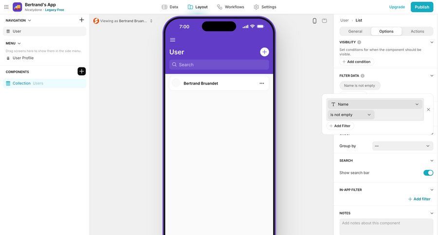 Glide
			 data management settings data filtering dropdown filters menu search bar configuration screen ui page example