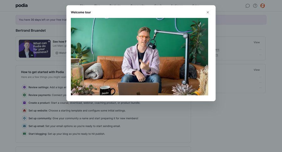 Podia
			 e-commerce dashboard onboarding video player free trial tutorial personal space ui page example