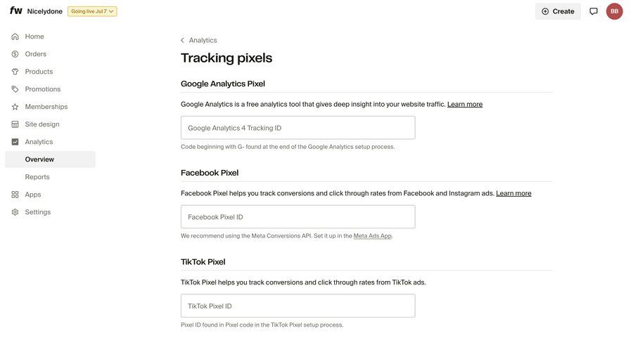 Fourthwall
			 sidebar e-commerce settings sidebar navigation analytics configuration setup analytics integration ui page example