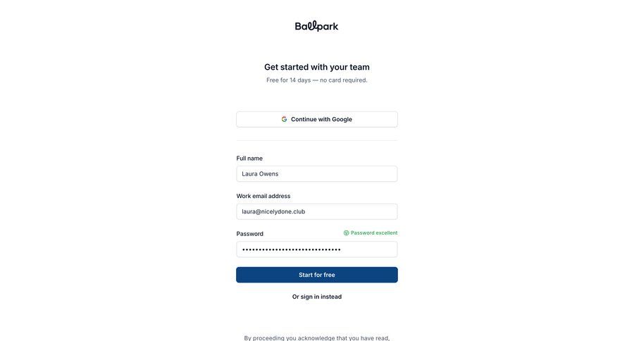 Ballpark
			 form account creation authentication trial checkout free trial free account auth signup create new account register ui page example