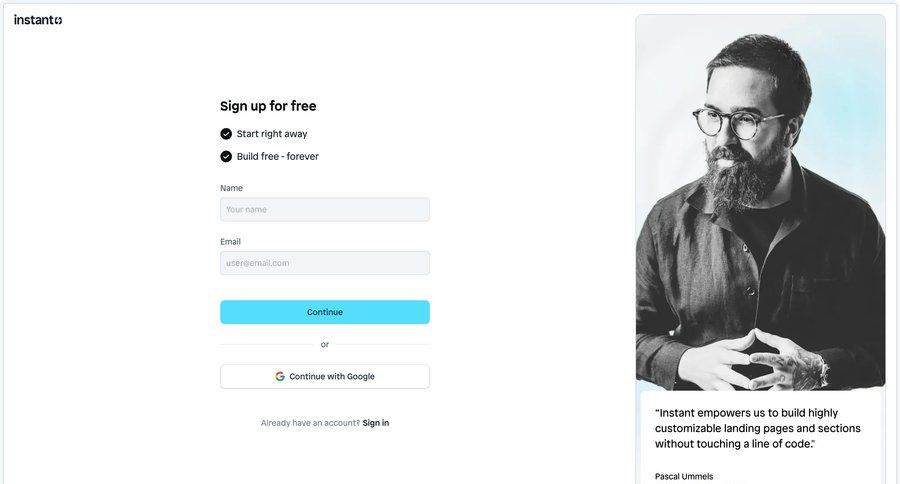 Instant
			 form split screen account creation authentication free account auth sign in signup create new account register ui page example
