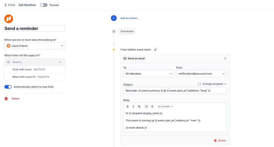 SavvyCal
			 configuration workflow form automation workflow automation workflow configuration email task communication menu ui page example