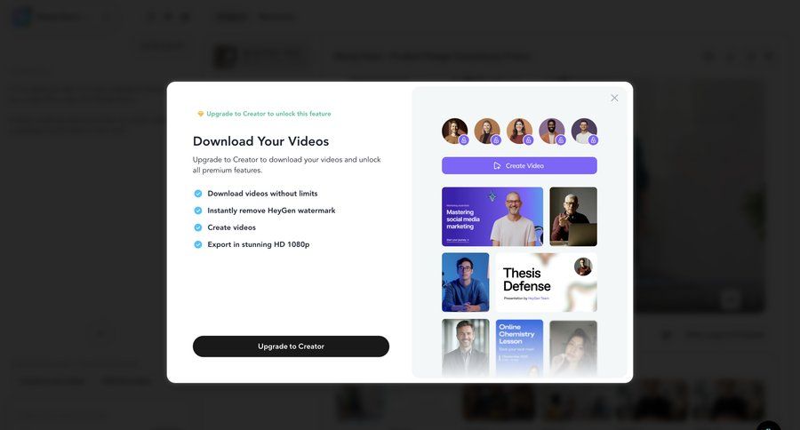 HeyGen
			 paywall upgrade modal ui page example