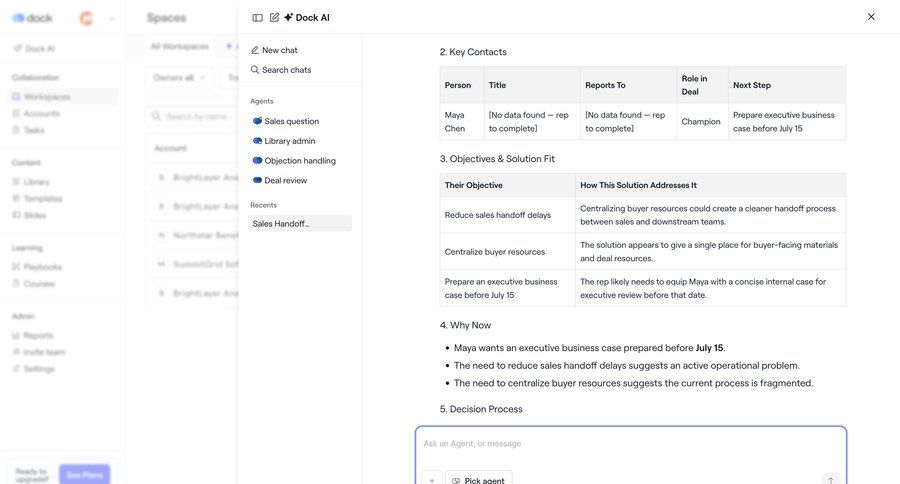 Dock
			 dashboard artificial intelligence workspace management task completion three-column grid data display conversational interface sidebar message navigation bar modern table contextual help ai chat ui page example