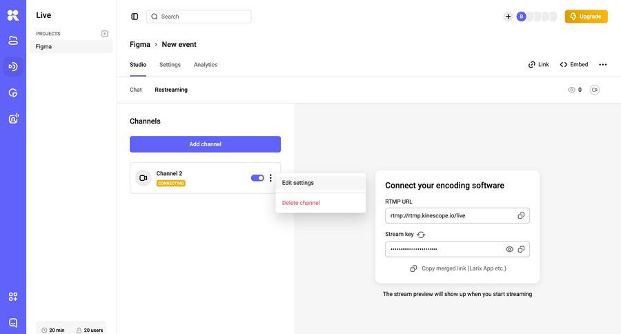 Kinescope
			 channel management ui page example