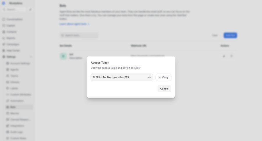 Chatwoot
			 configuration modal dialog authentication security setup api integration ui page example