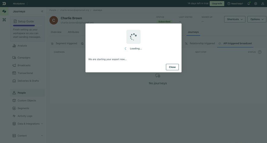 Customer.io
			 data management data export exporting data upgrade modal sidebar user profile ui page example