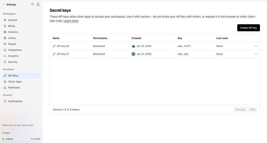 Dub
			 configuration settings sidebar navigation account setup full-screen layout api management security modern table pagination ui page example