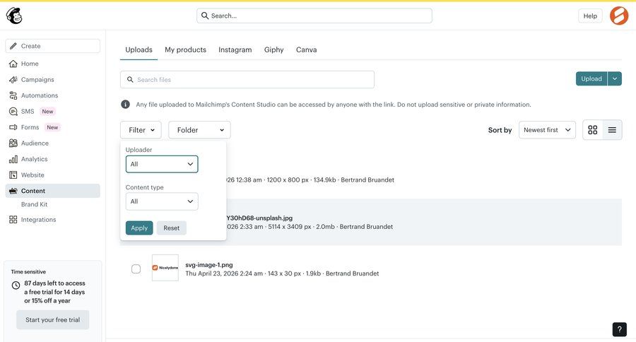 Mailchimp
			 content management sidebar navigation file upload trial banner sidebar upload file media gallery search bar pagination global search ui page example